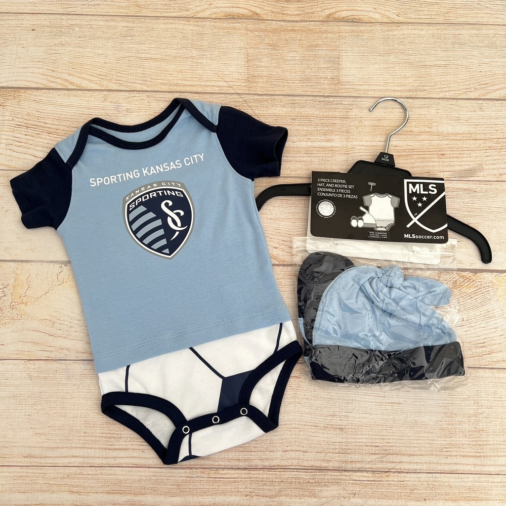 Sporting Kansas City MLS Soccer Team Baby Bodysuit Hat Booties Set New 12 Months